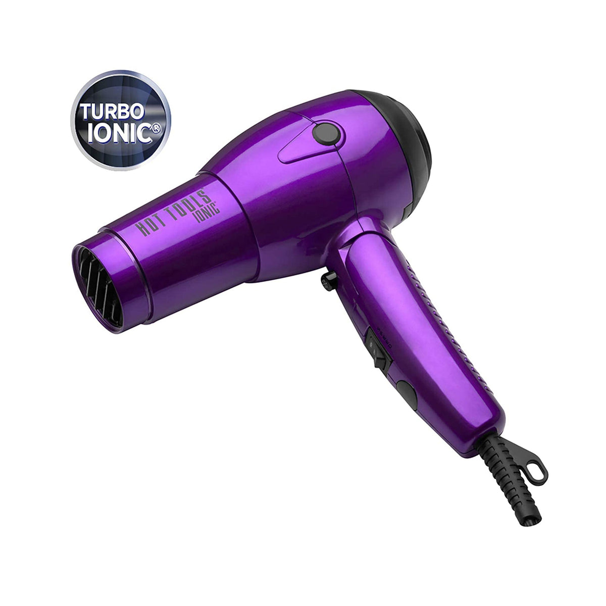 Hot Tools Ionic Travel Dryer — purple folding-handle travel hair dryer with finger diffuser, plain white background