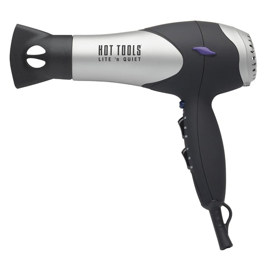 Hot Tools Lite 'N Quiet Turbo Dryer — black and silver lightweight professional styling dryer, plain white background