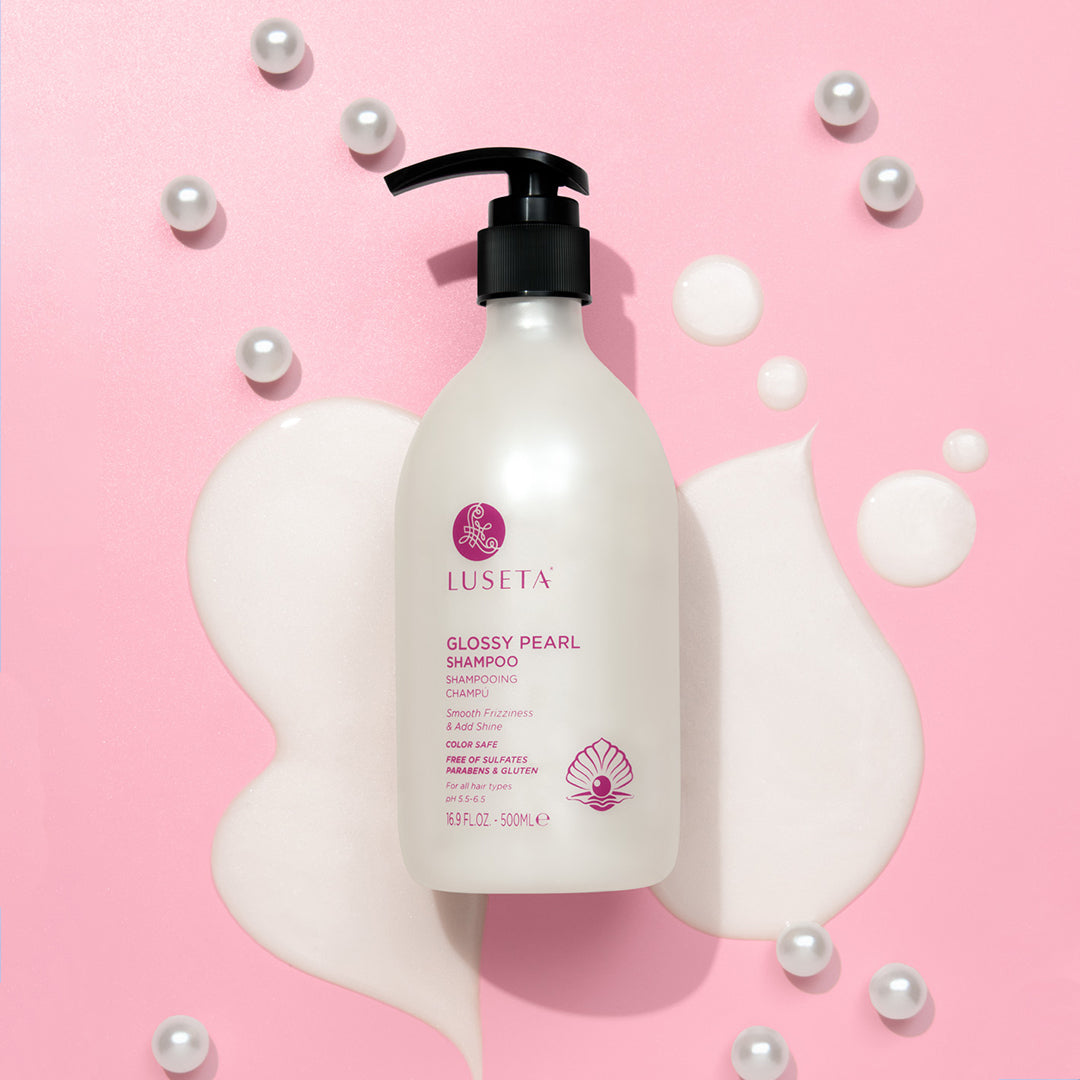 Luseta Beauty Glossy Pearl Shampoo — 16.9 fl oz / 500 ml pearl pump bottle with scattered pearls, front label