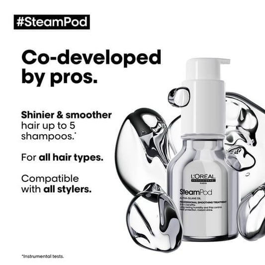 L'Oréal Professionnel Steampod Protective Smoothing Serum — official claim card: co-developed by pros, shinier and smoother hair for up to 5 shampoos, all hair types