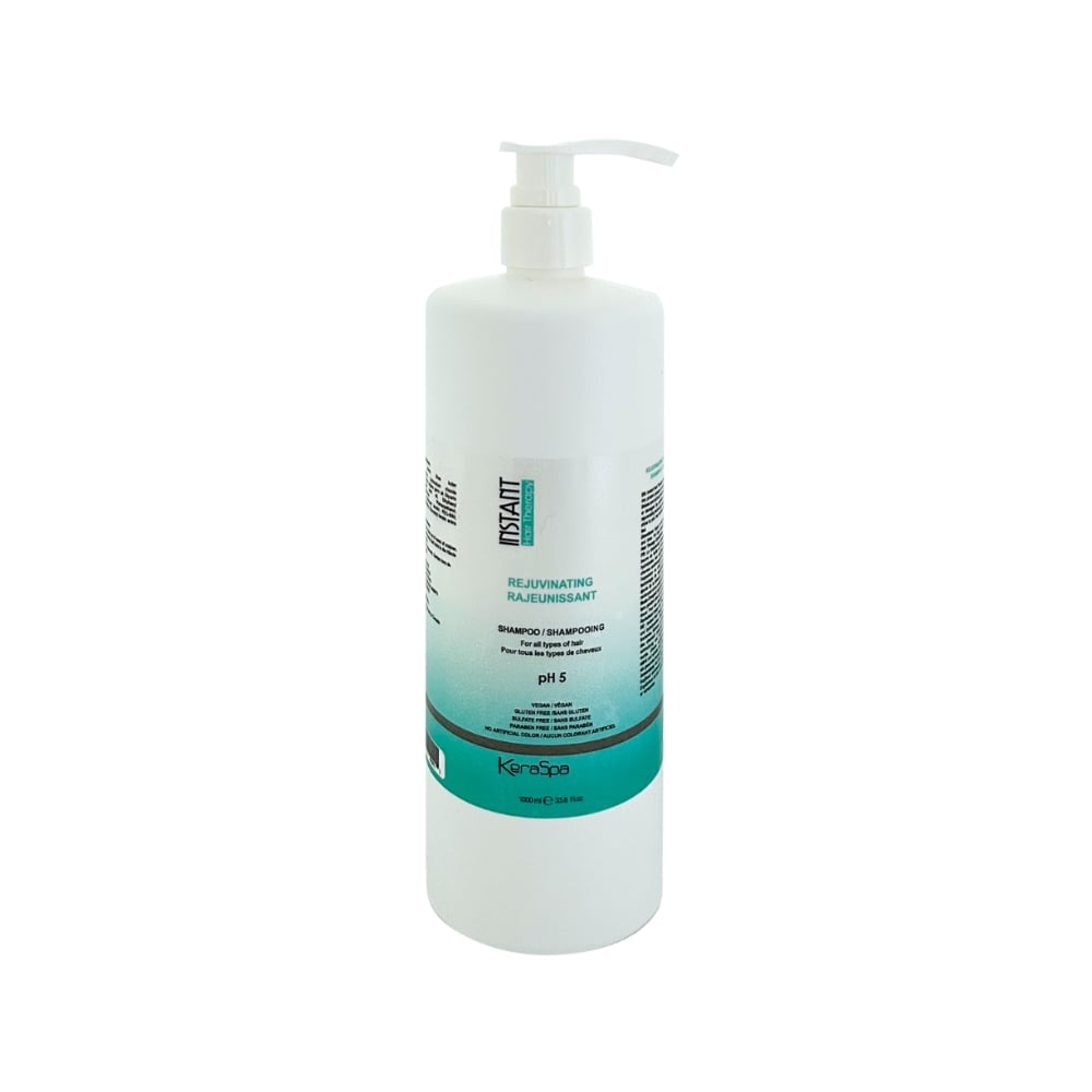 Keraspa Instant Hair Therapy Rejuvenating Shampoo — 1000 ml bottle, front label, distributor photograph on white