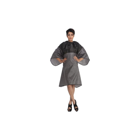 Olivia Garden Slim salon cape in grey and black, shown worn, on a plain white background