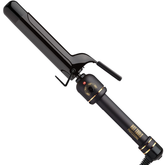 Hot Tools 1 1/4" Curling Iron/Wand — Black Gold barrel curling iron with clamp, front view, plain white background
