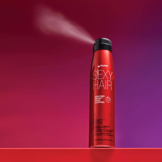 SexyHair Big Weather Proof Frizz Control Finishing Spray — current-livery can being sprayed, showing the mist
