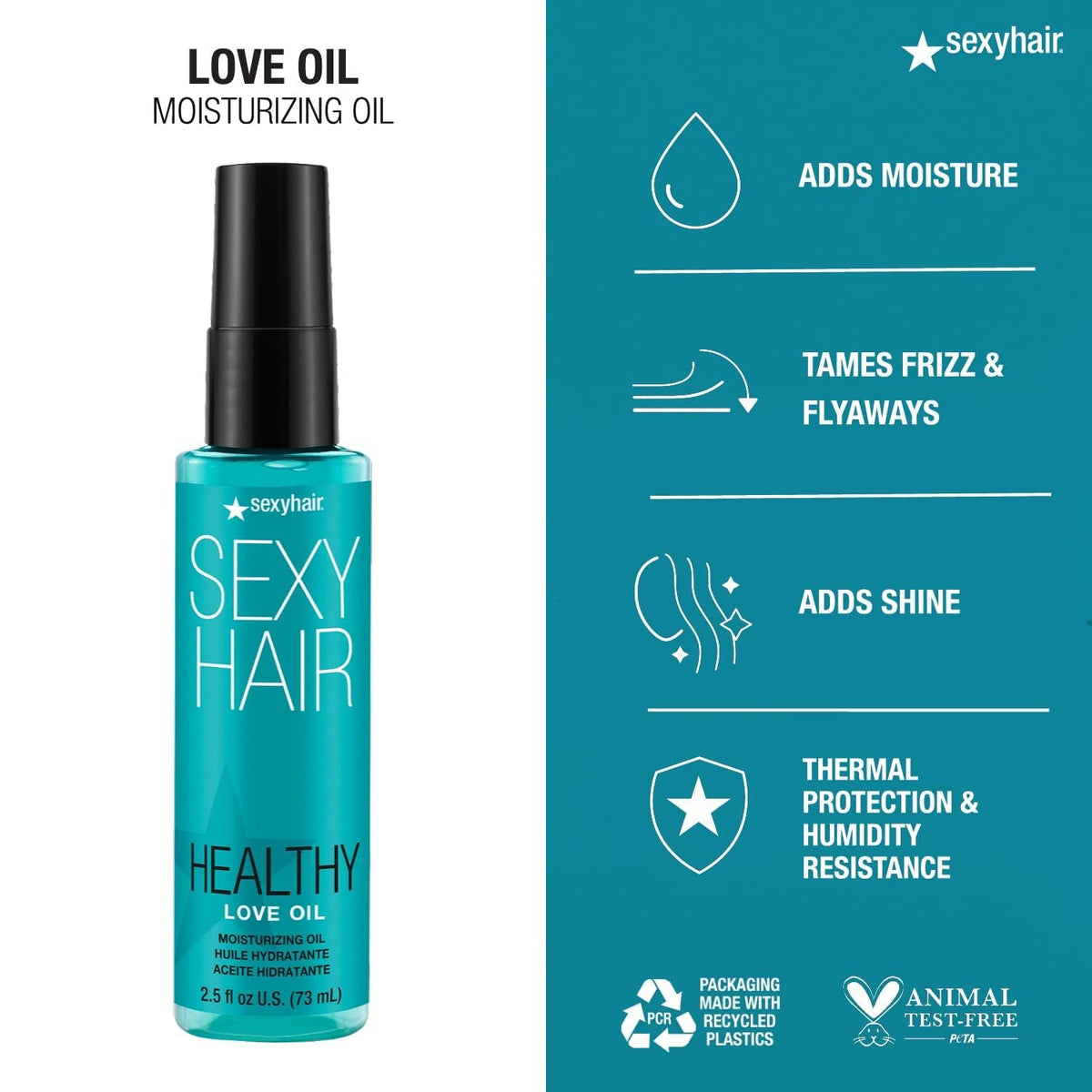SexyHair Healthy Love Oil Moisturizing Oil — bottle with moisture, frizz-taming, shine and thermal-protection claims