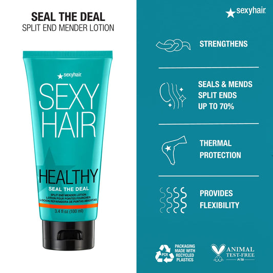 SexyHair Healthy Seal the Deal Split End Mender Lotion — tube with split-end, thermal-protection and flexibility claims