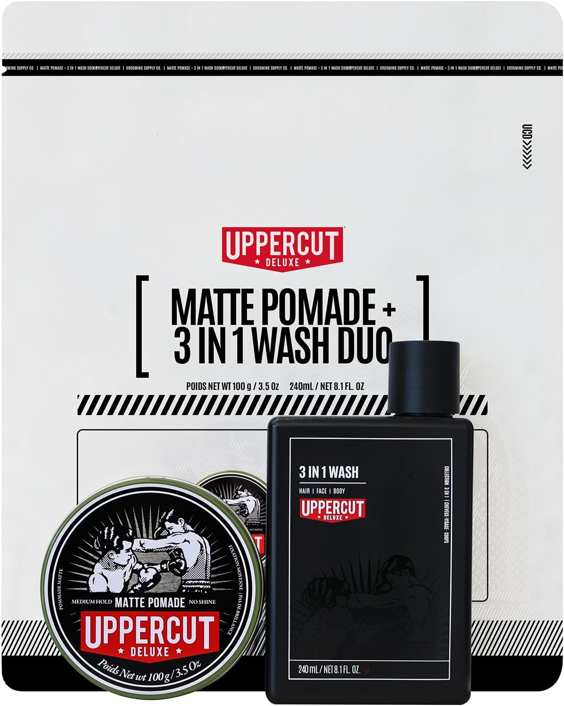 Uppercut Deluxe Matte Pomade + 3 in 1 Wash Duo — duo gift pouch with the 100 g Matte Pomade tin and the 240 ml 3 in 1 Wash bottle, plain white background