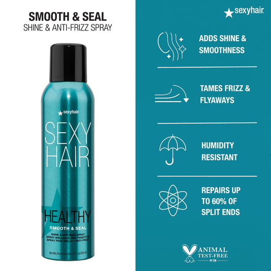 SexyHair Healthy Smooth & Seal Shine & Anti-Frizz Spray — can with shine, frizz-control and humidity-resistance claims