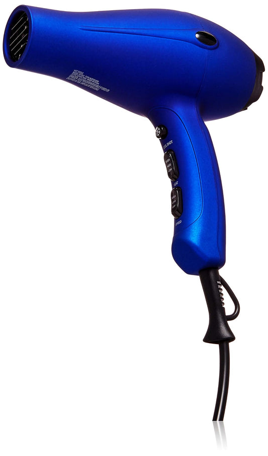 Hot Tools Radiant Blue Turbo Ionic Dryer — blue professional salon hair dryer, side view, plain white background