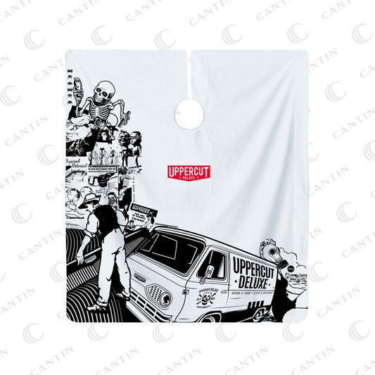 Uppercut Deluxe Barber Cape - Collage — black-and-white collage artwork barber cape hung flat (supplier photograph, carries the Cantin Beauté watermark; no clean replacement located)