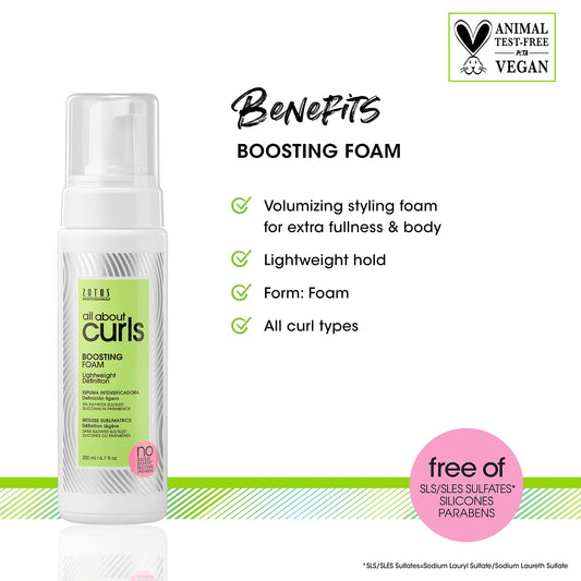All About Curls Boosting Foam — 200 ml pump bottle with brand benefits chart: volumizing styling foam for extra fullness and body, lightweight hold, all curl types
