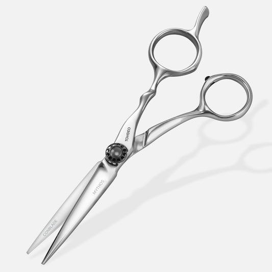 Tondeo Mythos 5.5-inch offset haircutting scissors, silver, side view