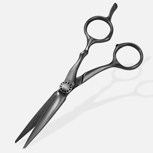 Tondeo Mythos Black 5.5-inch offset haircutting scissors, angled view