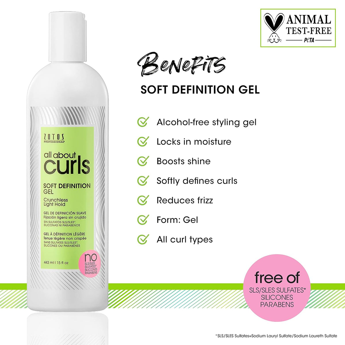 All About Curls Soft Definition Gel — 443 ml bottle with brand benefits chart: alcohol-free, locks in moisture, boosts shine, softly defines curls