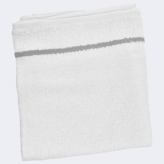Extra-long deluxe white towels with grey stripe. Size: 16" x 30". 12/pack
