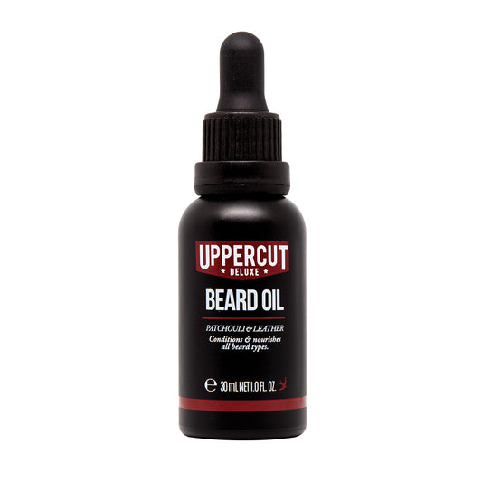 Uppercut Deluxe Beard Oil 30 ml — 30 ml amber glass beard oil bottle with dropper, front label, white background