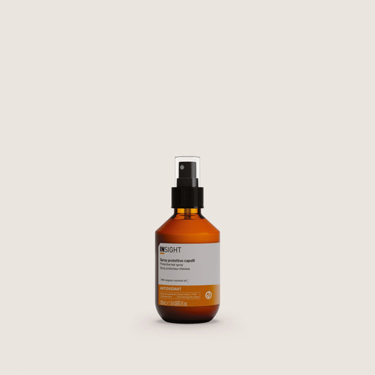 Insight Protective Hair Spray 100ml — official brand packshot of the current 100 ml package, amber bottle with black fine-mist spray and clear over-cap, front label facing camera, warm beige background