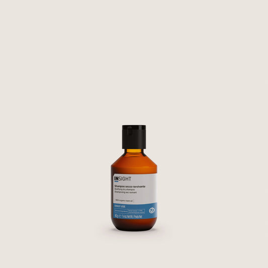 Insight Bodifying Dry Shampoo 40ml — official brand packshot of the current 40 g package, amber bottle with black cap, front label facing camera, warm beige background