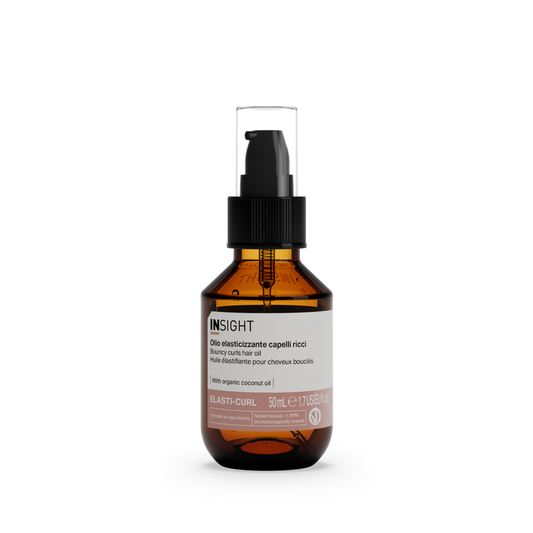 Insight Bouncy Curls Hair Oil 50ml — official brand packshot of the current 50 ml package, amber bottle with black lotion pump and clear over-cap, front label facing camera, plain black background