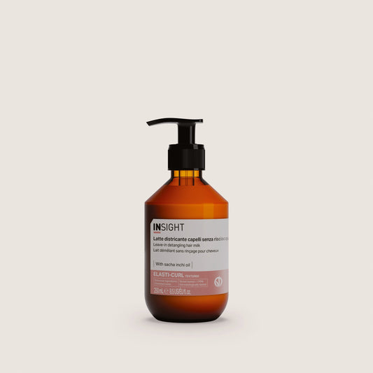 Insight Leave-In Detangling Hair Milk 250ml — official brand packshot of the current 250 ml package, amber bottle with tall black lotion pump, front label facing camera, warm beige background
