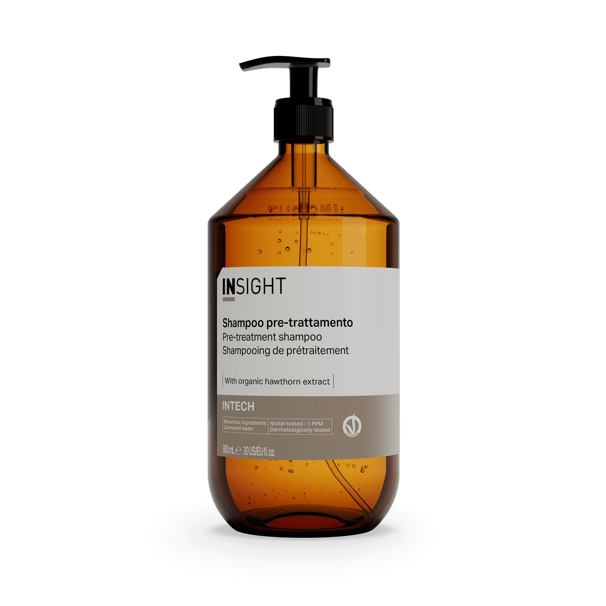 Insight Intech Pre-Treatment Shampoo 900 ml — 900 ml amber pump bottle, current white-label livery, front view