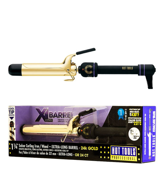 Hot Tools 1 1/4" Curling Iron/Wand Extra Long Barrel — 24K gold extra-long barrel curling iron with clamp, plain white background