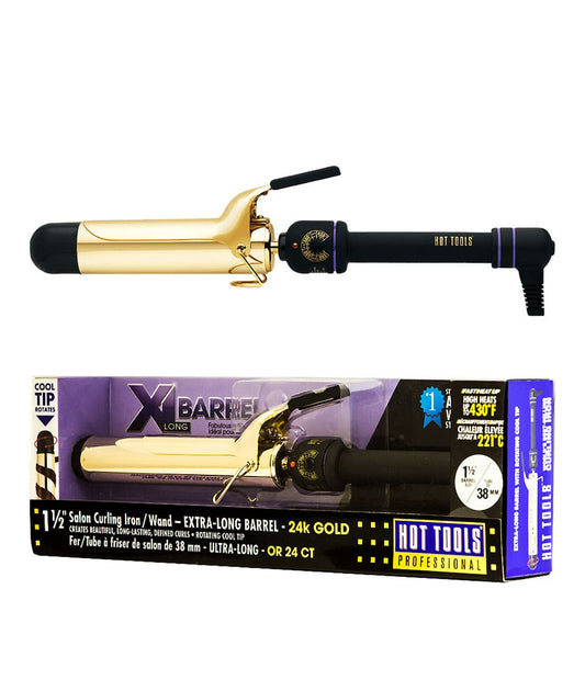 Hot Tools 1 1/2" Curling Iron/Wand Extra Long Barrel — 24K gold extra-long barrel curling iron with clamp, plain white background