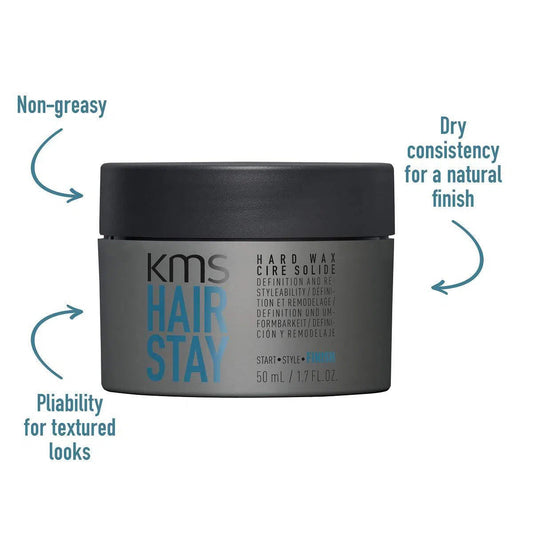 KMS HairStay Hard Wax — 50 mL jar with benefit callouts: non-greasy, pliability for textured looks, dry consistency for a natural finish