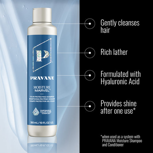 Moisture Marvel Shampoo — benefits infographic, new-livery 300 ml bottle
