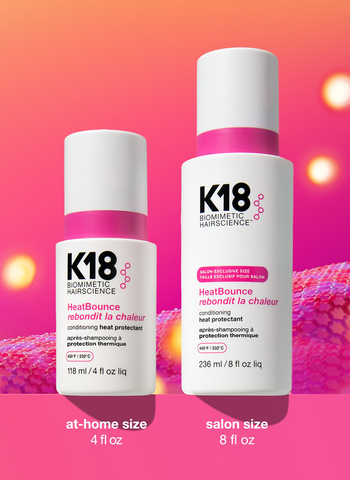 K18 HeatBounce Leave-In Conditioning Heat Protectant — 118 ml at-home size beside 237 ml salon size