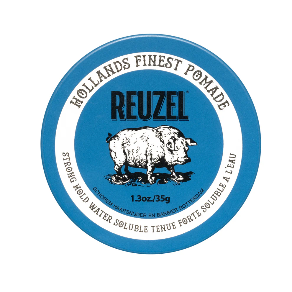 Reuzel Blue Pomade – Strong Hold, High Shine – clean exact package, 35g