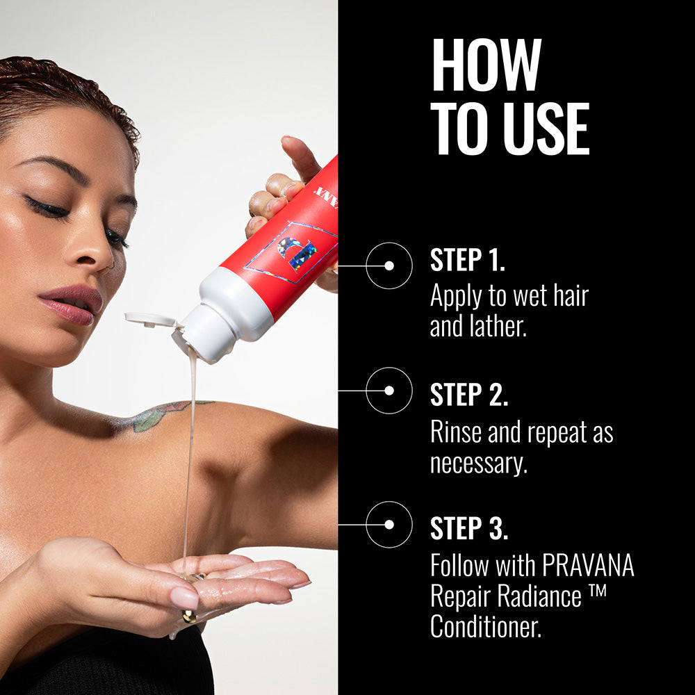 Repair Radiance Shampoo — infographie mode d'emploi montrant le flacon 300 ml