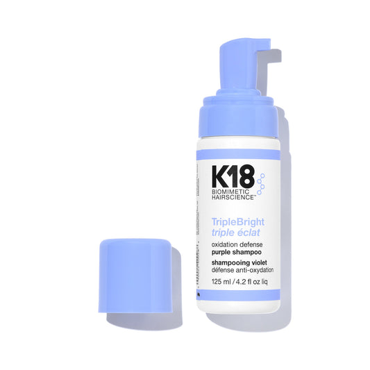 K18 TripleBright Purple Shampoo — 125 ml bottle with cap removed, white background