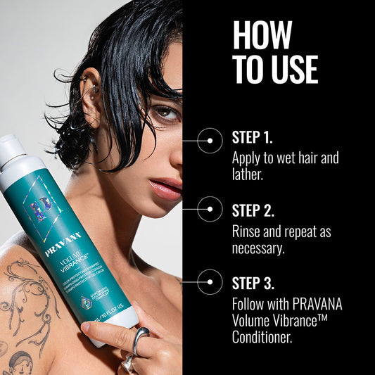 Volume Vibrance Shampoo — how-to-use infographic, new-livery 300 ml bottle