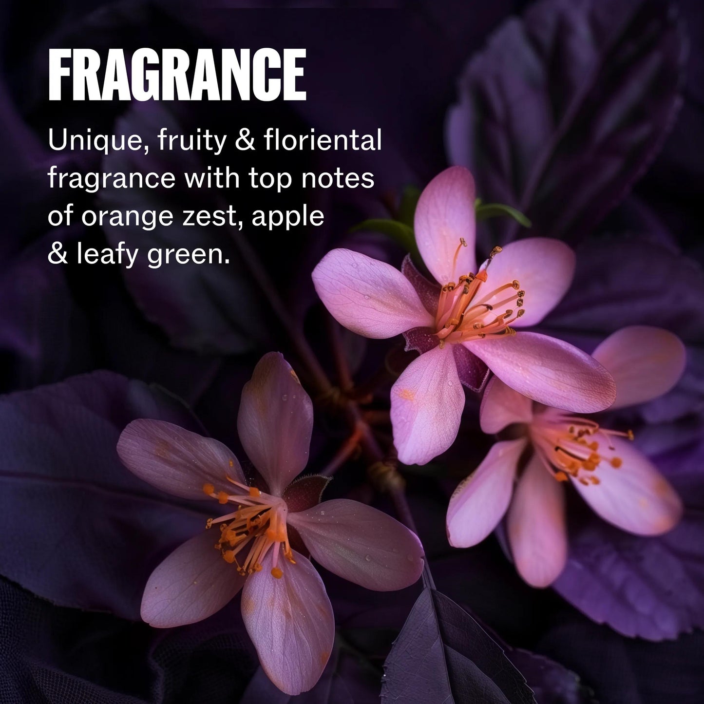 Wella Professionals Ultimate Color — Close-up image of purple flowers. Text overlay reads "Fragrance unique, fruity & florential fragrance with top notes of orange zest, apple & leafy green"