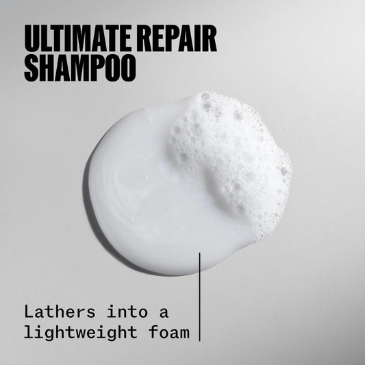 Wella Professionals Ultimate Repair — Drop of Ultimate Repair Shampoo. Text reads lathers into a lightweight foam.