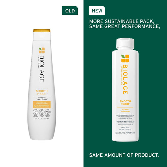 Biolage SmoothProof Shampoo — Biolage's own old-pack vs current-pack comparison, same amount of product