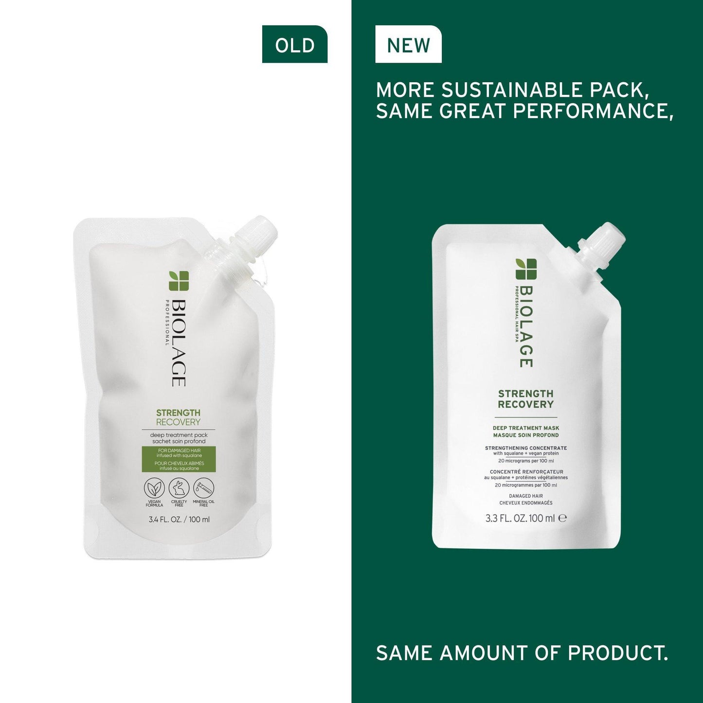 Biolage Strength Recovery Deep Treatment Mask — new more sustainable pouch beside the previous pack, same amount of product