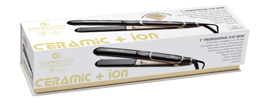 Olivia Garden Ceramic + Ion Flat Iron — retail carton front, plain white background