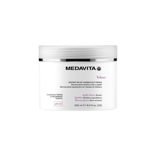 Medavita Velour Instant Relief Dermocream — 500 ml Instant Relief Hair & Scalp Cream jar, front label, plain white background
