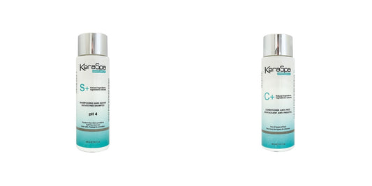 Keraspa S+ & C+ Sulfate-Free Shampoo & Anti-Frizz Conditioner Duo — 300 ml shampoo and 300 ml conditioner bottles side by side, distributor photographs on white