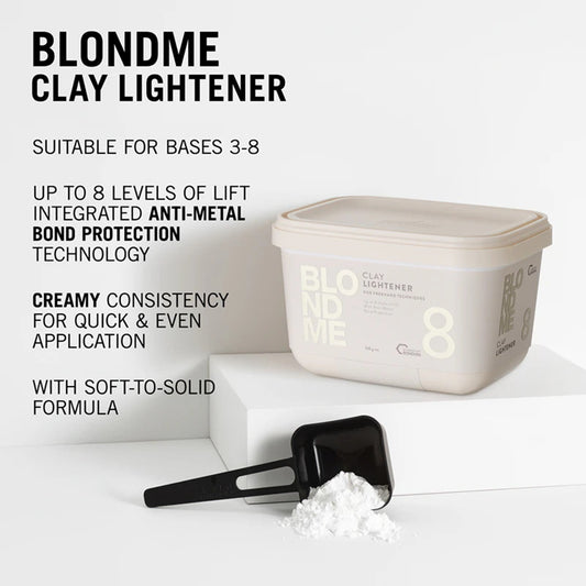 BLONDME Clay Lightener 8 350g — new-livery tub with application scoop and clay powder, feature panel: up to 8 levels of lift, integrated Anti-Metal Bond Protection, creamy soft-to-solid formula