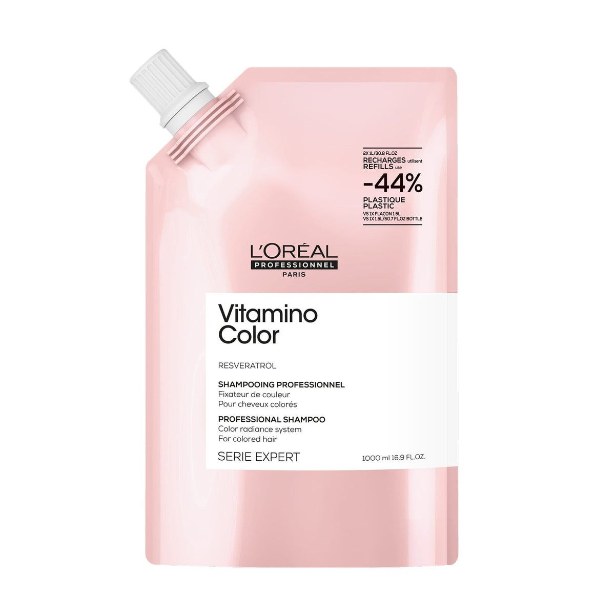 L'Oréal Professionnel Vitamino Color Shampoo — 1 L refill pouch, pink Serie Expert livery, front label, on white