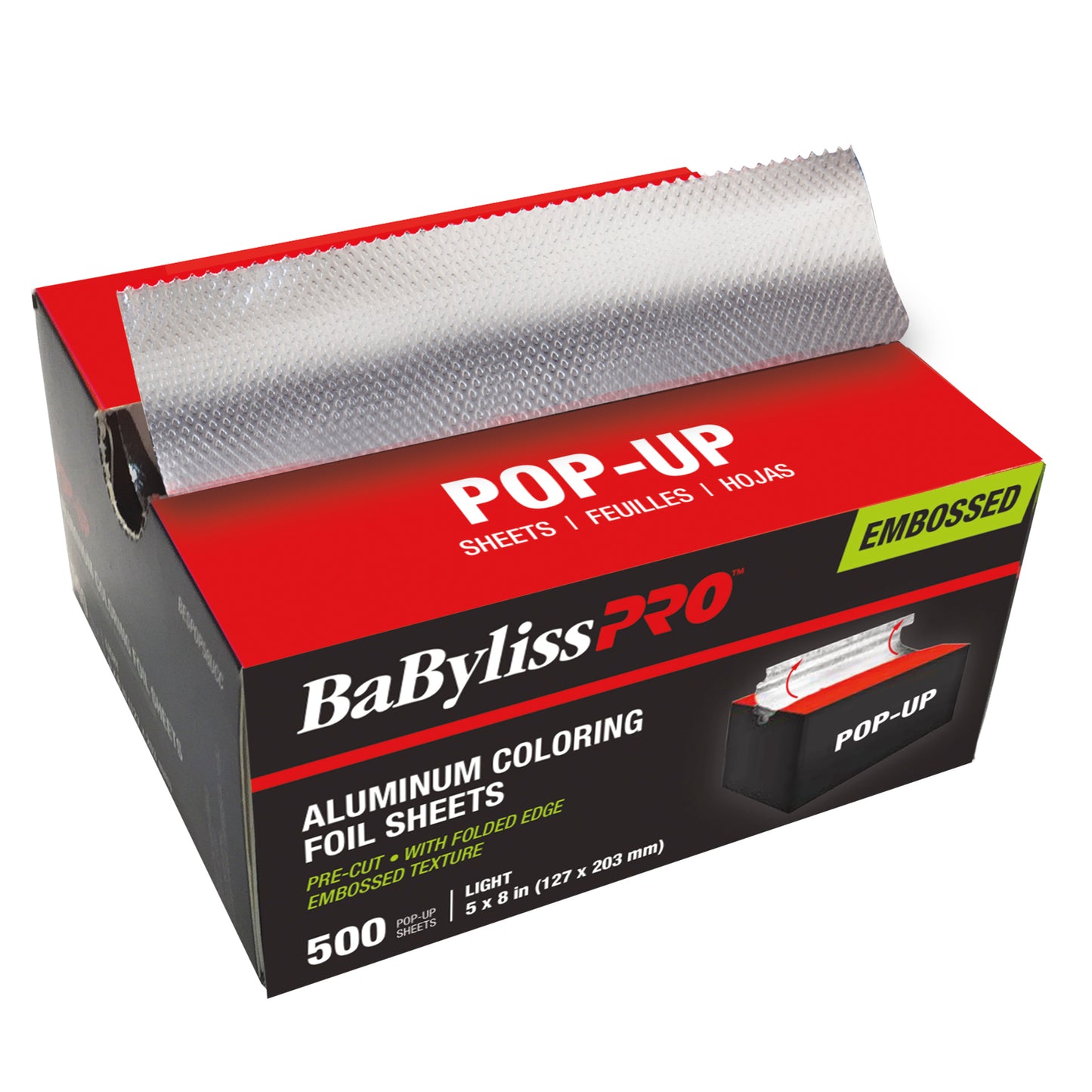 BaBylissPRO Pop-up Aluminum Coloring Foil, 500 Sheets 1/2” folded edge embossed light