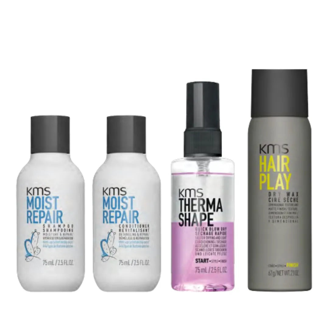 Four KMS travel-size products: MoistRepair Shampoo, MoistRepair Conditioner, ThermaShape Quick Blow Dry and HairPlay Dry Wax