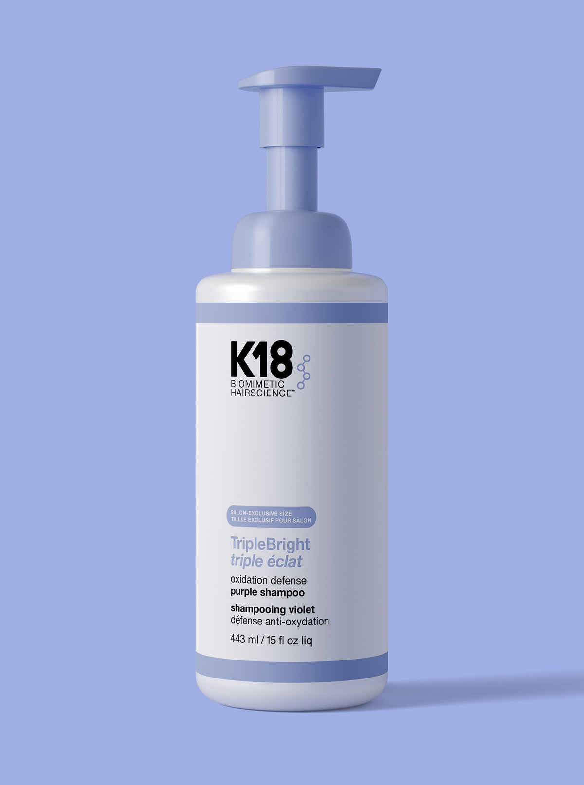 K18 TripleBright Purple Shampoo — 443 ml salon foam-pump bottle, front label