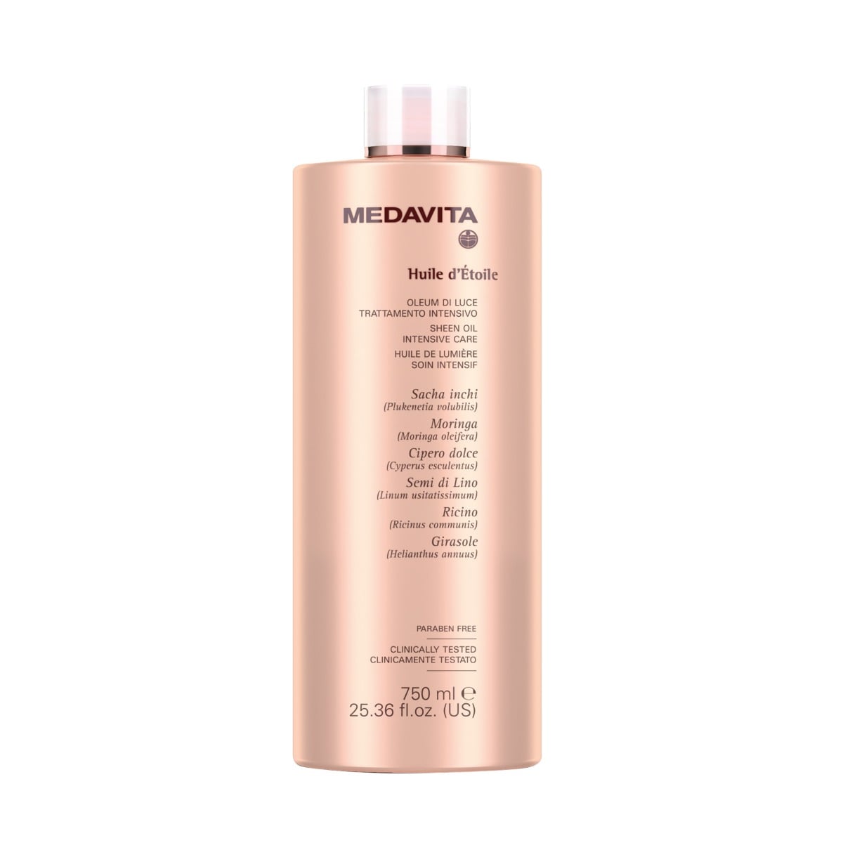 Medavita Huile d'Etoile Sheen Oil Intensive Care — 750 ml bottle, reverse label, plain white background