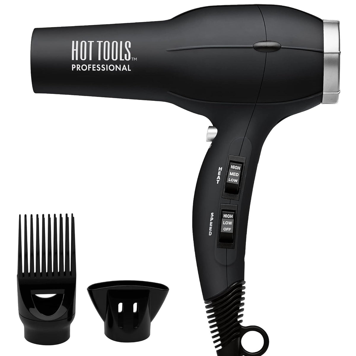 Hot Tools Ionic Turbo Salon Dryer — black 1875 watt professional salon hair dryer with styling pik and concentrator, plain white background