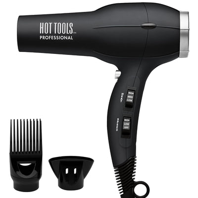 Hot Tools Ionic Turbo Salon Dryer — black 1875 watt professional salon hair dryer with styling pik and concentrator, plain white background