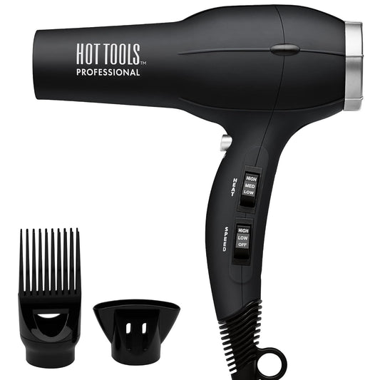 Hot Tools Ionic Turbo Salon Dryer — black 1875 watt professional salon hair dryer with styling pik and concentrator, plain white background